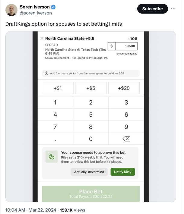 screenshot - Soren Iverson DraftKings option for spouses to set betting limits X North Carolina State 5.5 Spread North Carolina State @ Texas Tech Thu Ncaa Tournament 1st Round @ Pittsburgh, Pa 108 $ 10500 Payout $20,222.22 Add 1 or more picks from the sa